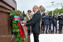 President of Azerbaijan Lays Wreath at Statue of Ismoil Somoni