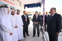 President Emomali Rahmon inspects the progress of construction work in newly built neighborhood in Safedmun village of Tojikobod district