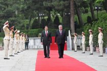 President of Tajikistan Emomali Rahmon attends wreath-laying ceremony and military parade in the Victory Park of Dushanbe